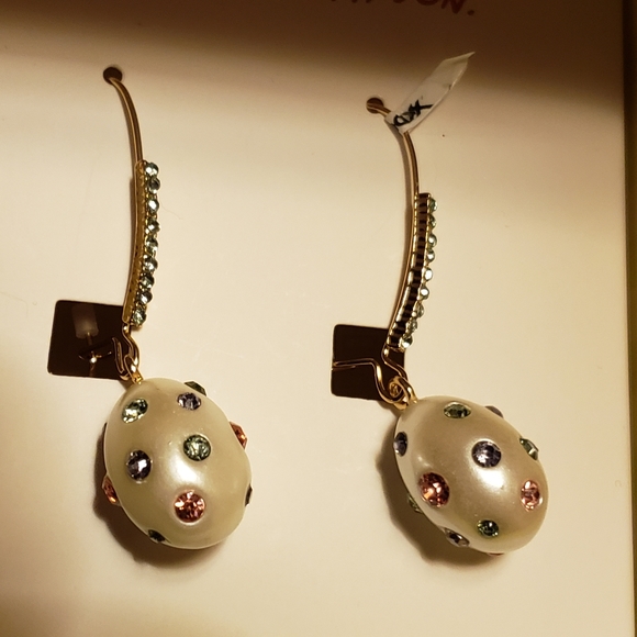 Betsey Johnson Jewelry - Faux pearl earrings dotted with colored crystals w/box!